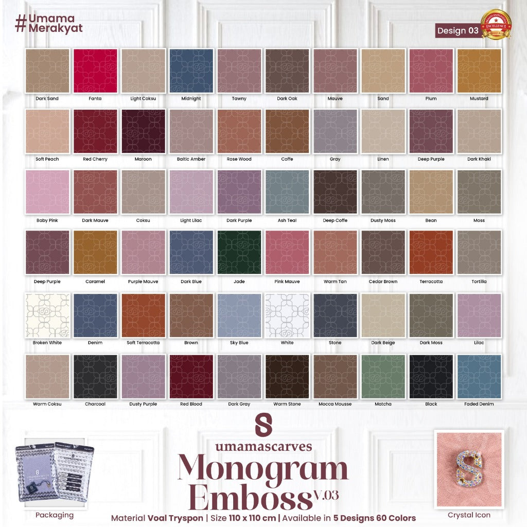 Umamascarves - Hijab Sultan Emboss Monogram Logo S (Hanya Bisa Pilih Warna, Motif RANDOM)
