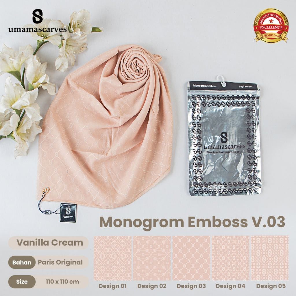 Umamascarves - Hijab Sultan Emboss Monogram Logo S (Hanya Bisa Pilih Warna, Motif RANDOM)