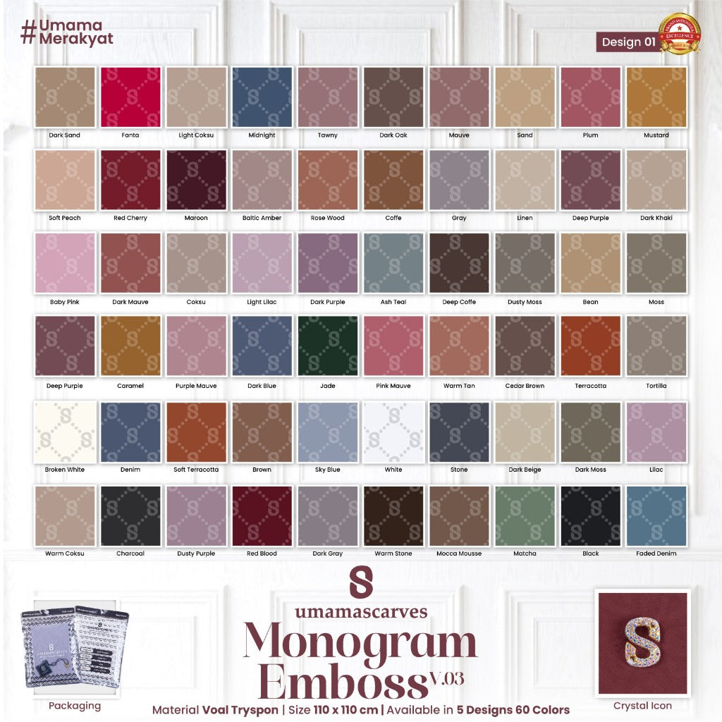 Umamascarves - Hijab Sultan Emboss Monogram Logo S (Hanya Bisa Pilih Warna, Motif RANDOM)