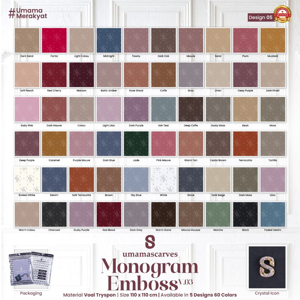 Umamascarves - Hijab Sultan Emboss Monogram Logo S (Hanya Bisa Pilih Warna, Motif RANDOM)