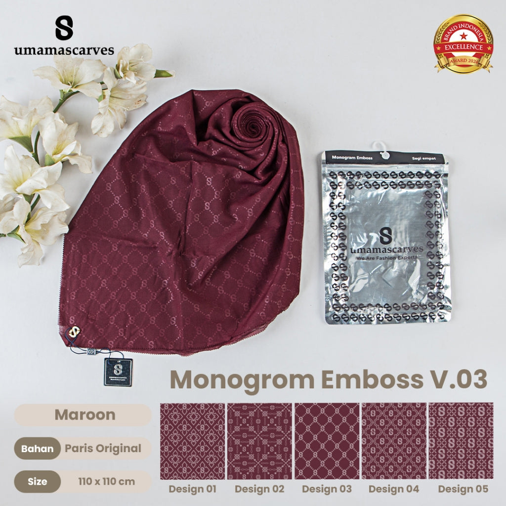 Umamascarves - Hijab Sultan Emboss Monogram Logo S (Hanya Bisa Pilih Warna, Motif RANDOM)