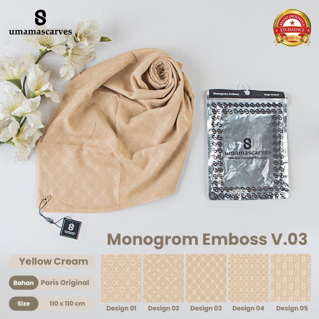 Umamascarves - Hijab Sultan Emboss Monogram Logo S (Hanya Bisa Pilih Warna, Motif RANDOM)
