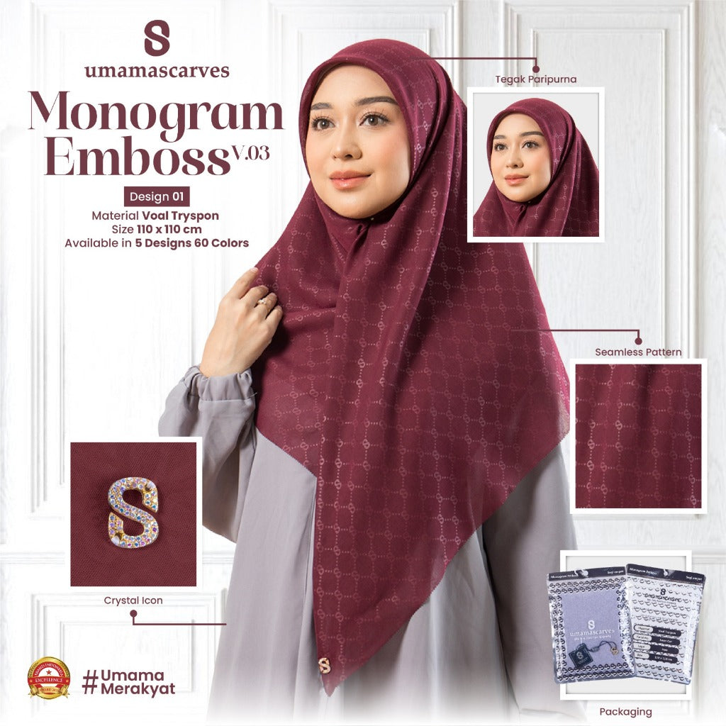 Umamascarves - Hijab Sultan Emboss Monogram Logo S (Hanya Bisa Pilih Warna, Motif RANDOM)