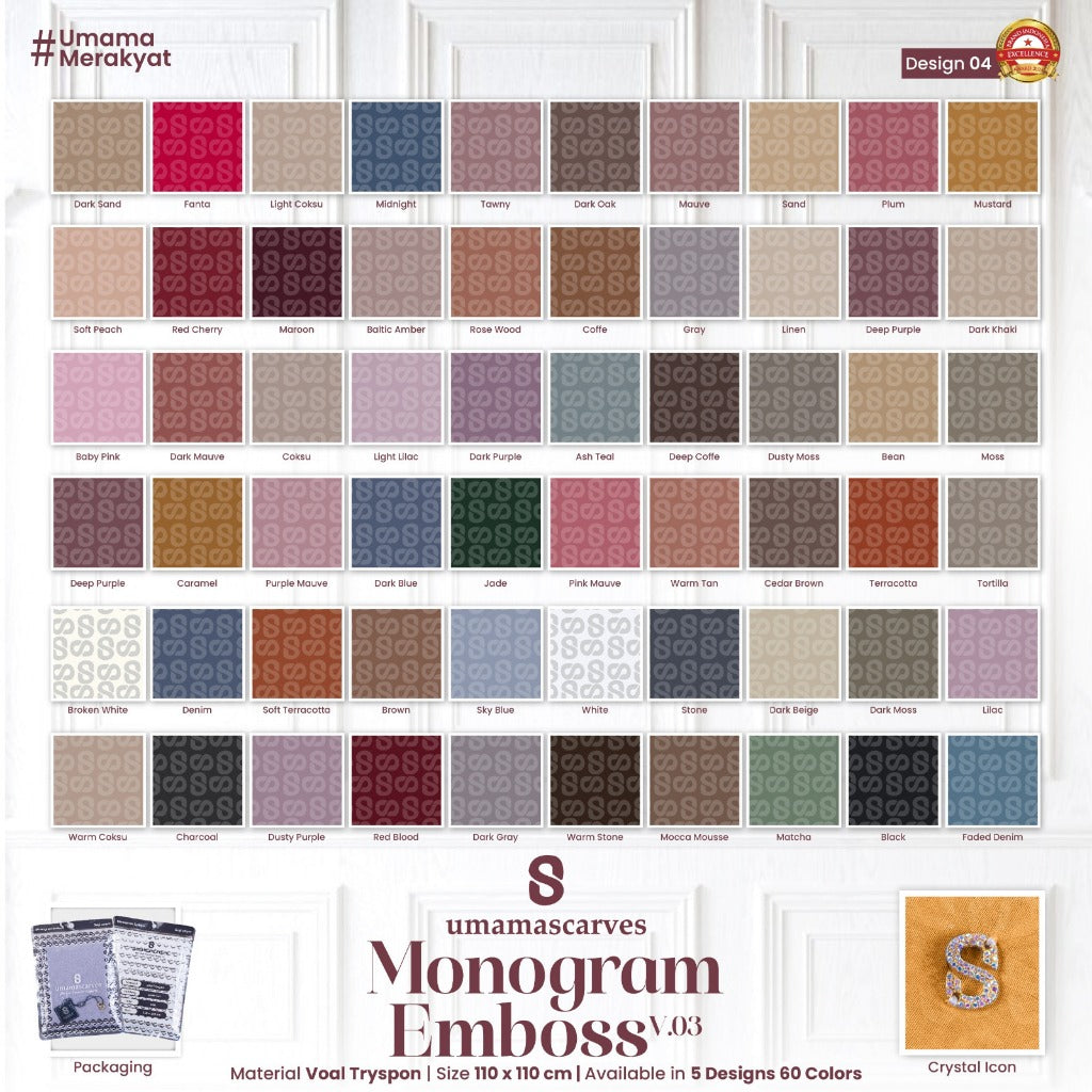 Umamascarves - Hijab Sultan Emboss Monogram Logo S (Hanya Bisa Pilih Warna, Motif RANDOM)