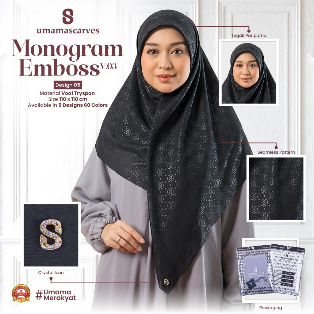 Umamascarves - Hijab Sultan Emboss Monogram Logo S (Hanya Bisa Pilih Warna, Motif RANDOM)