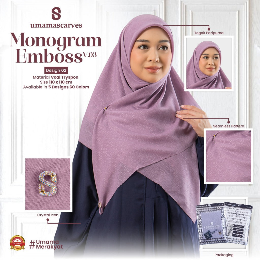Umamascarves - Hijab Sultan Emboss Monogram Logo S (Hanya Bisa Pilih Warna, Motif RANDOM)