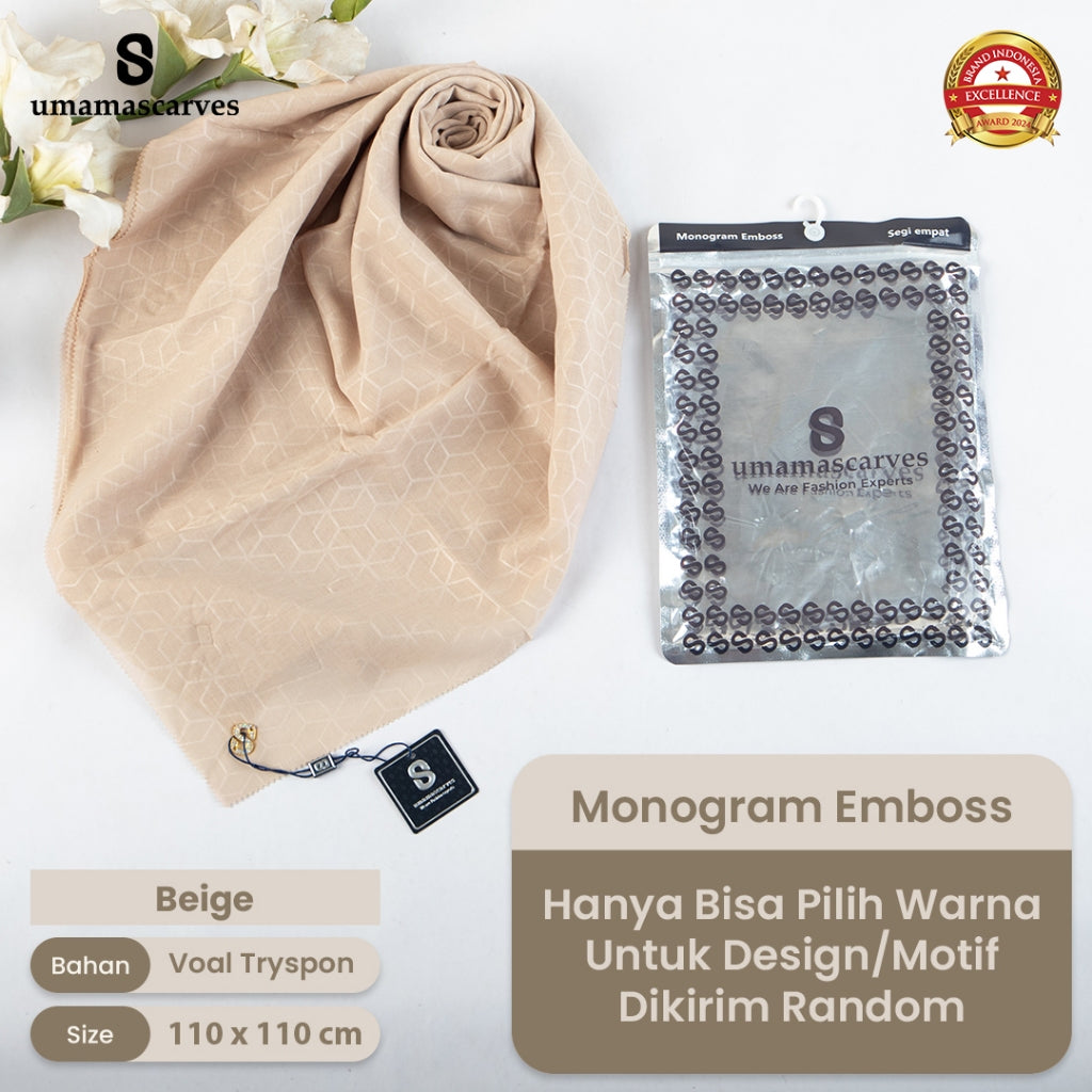 Umamascarves - Hijab Sultan Emboss Monogram Logo S (Hanya Bisa Pilih Warna, Motif RANDOM)